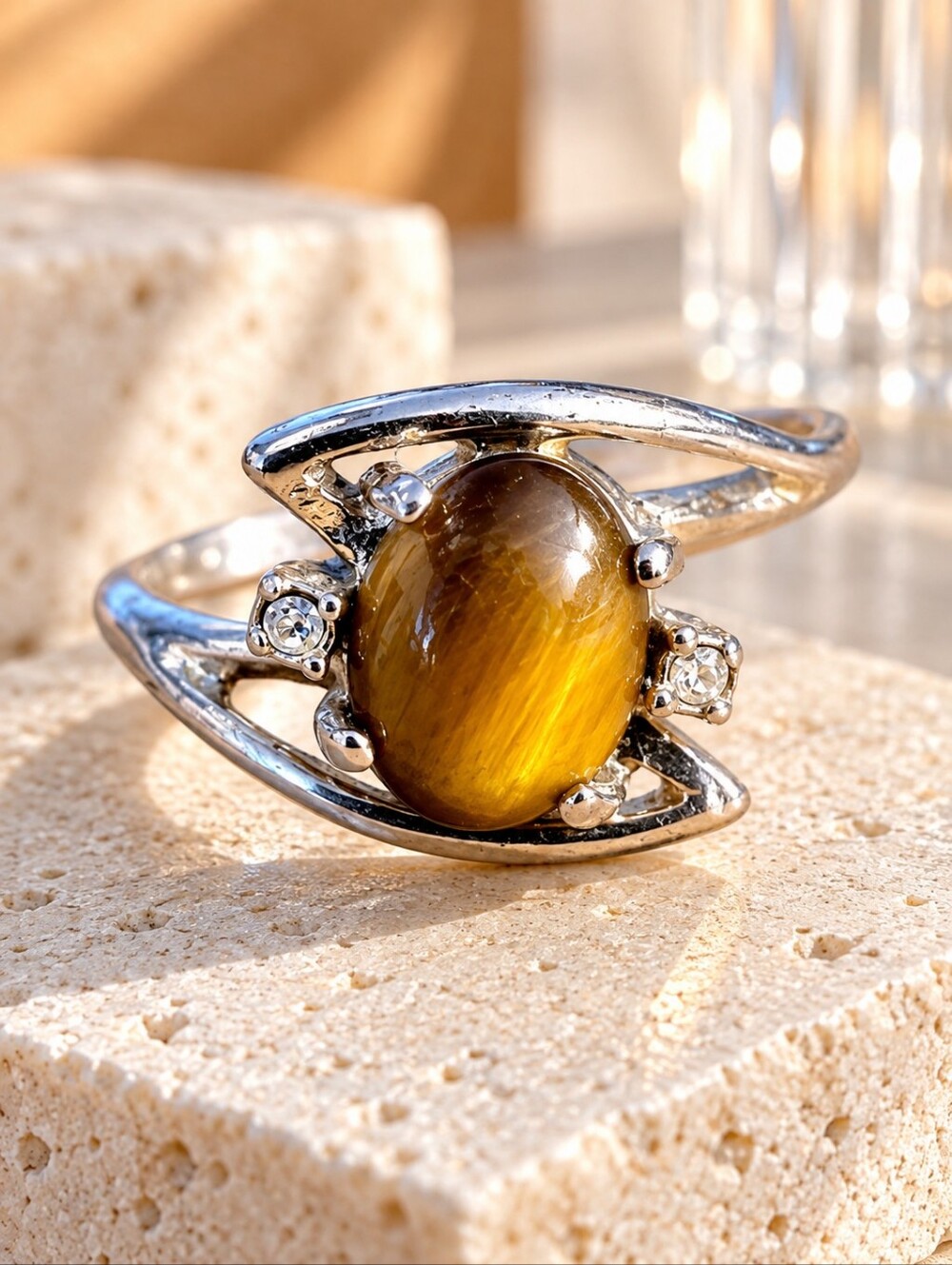 Vintage Sarah Coventry Tiger's Eye Bypass Ring Size 6.5 Signed SARAH